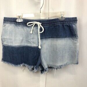 Aerie Pull On Shorts XL Blue Patchwork Two Tone Casual Elastic Waist Fray Hem
